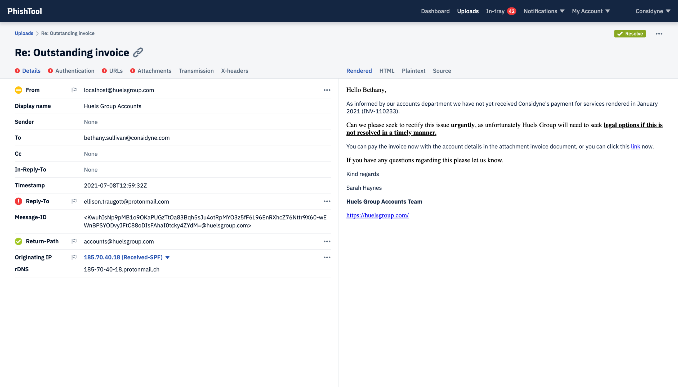 PhishTool phishing analysis dashboard