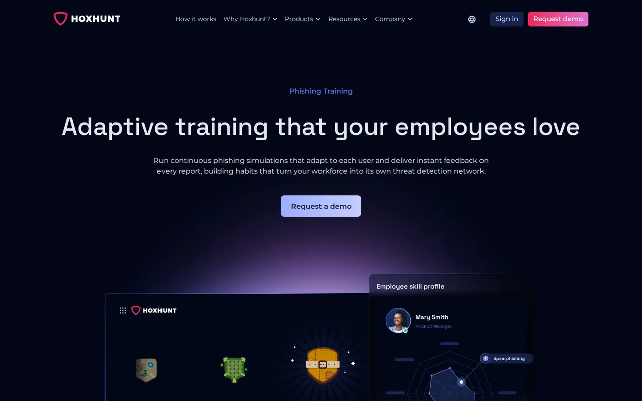 Hoxhunt adaptive phishing training product page