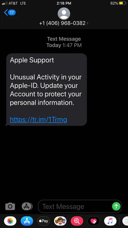 unusual account activity - Examples of Smishing Attack